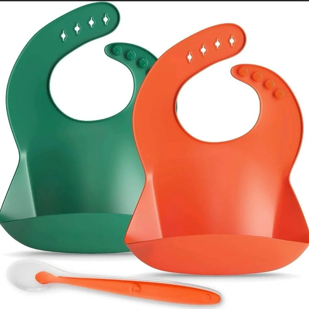 New Silicone Baby Bibs with Feeding Spoon - 2 Pack